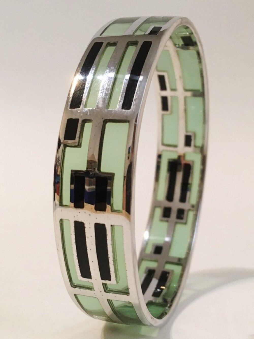 Green Resin Bracelet Sterling Silver Black Art Deco Style Handcrafted Bangle